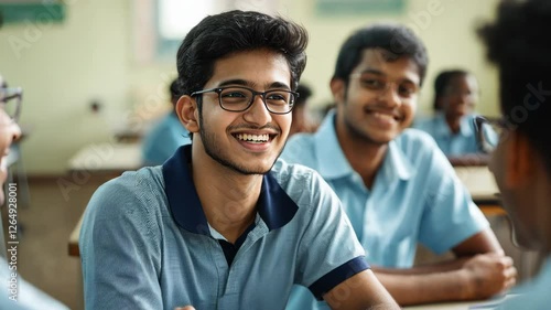 A group of young Indian students in their late teens, smiling and talking to each other during an interactive class session, generative AI