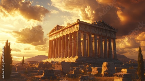 Sunset over Athenian temple, Greece; history, travel