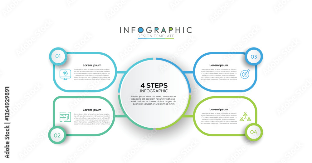 4 Steps Connected Rounded Square Infographic thin lines connect each rounded square to the central circle, visually linking the steps and emphasizing their relationship to the core element. 4 Steps Connected Rounded Square Infographic thin lines connect each rounded square to the central circle, visually linking the steps and emphasizing their relationship to the core element.