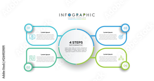 4 Steps Connected Rounded Square Infographic thin lines connect each rounded square to the central circle, visually linking the steps and emphasizing their relationship to the core element.