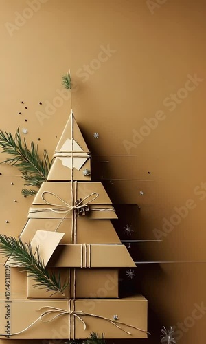 Creative holiday gift arrangement inspired by a Christmas tree design on a warm brown background