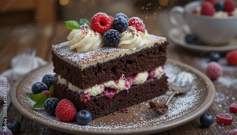 cake with berries, Overhead view of flourless chocolate cake and berries, Delicious chocolate cake with berries on table, Piece of chocolate cake with mint leaves and berries on a black background.
cake with berries, Overhead view of flourless chocolate cake and berries, Delicious chocolate cake with berries on table, Piece of chocolate cake with mint leaves and berries on a black background.