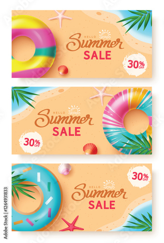 Summer sale on sand banner, summer sale text with colorful floaters, sea shell, starfish and palm leaves, vector illustration.