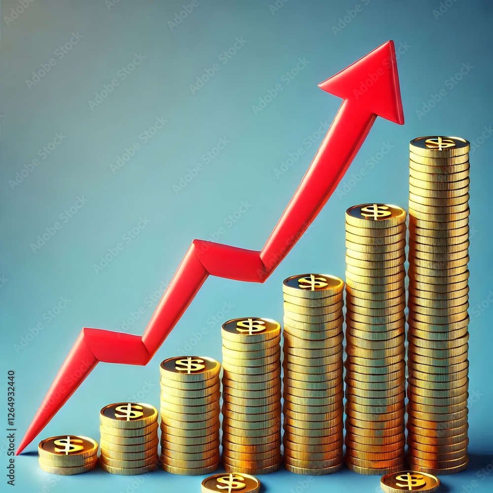 Stacks of gold coins are getting higher with a red arrow trending upwards on a blue background Stacks of gold coins are getting higher with a red arrow trending upwards on a blue background