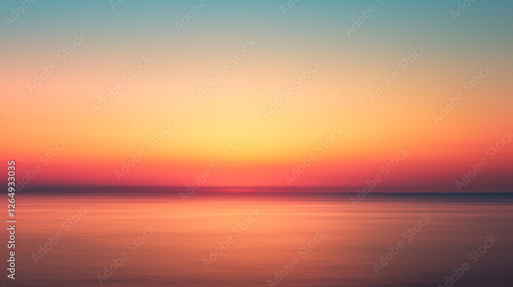 Obraz premium A serene sunset over calm waters, showcasing vibrant hues of orange, pink, and blue blending into the horizon.