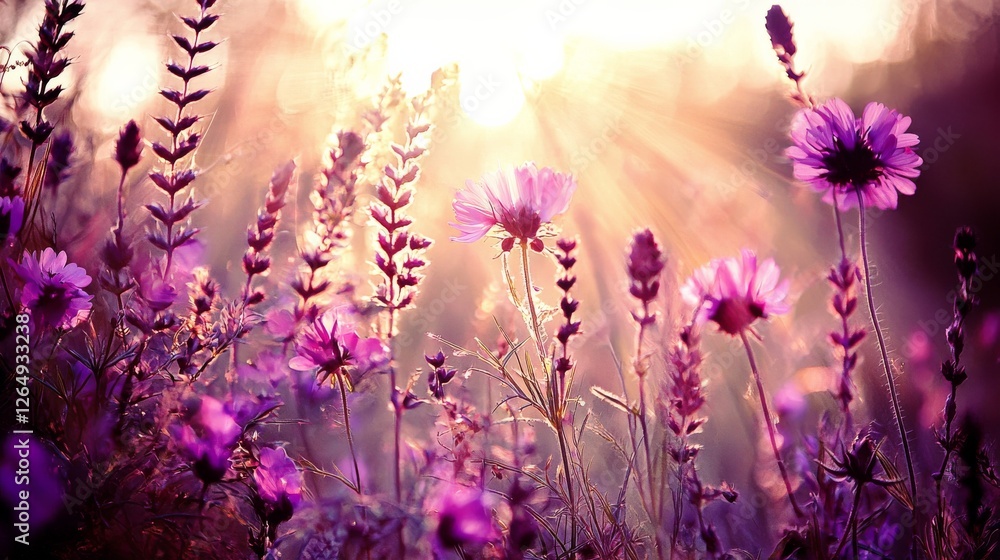 Obraz premium A serene field of purple flowers illuminated by soft sunlight, creating a dreamy, ethereal atmosphere.