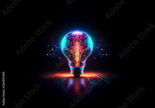 A glowing lightbulb with vibrant digital lines inside, set against a stark black backdrop. The bulb radiates bright, colorful light, suggesting innovation.