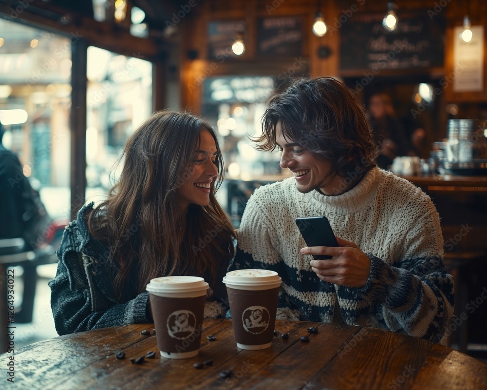 Generative AI, Enjoying Warm Coffee with Friends in a Cozy Winter Cafe Generative AI, Enjoying Warm Coffee with Friends in a Cozy Winter Cafe