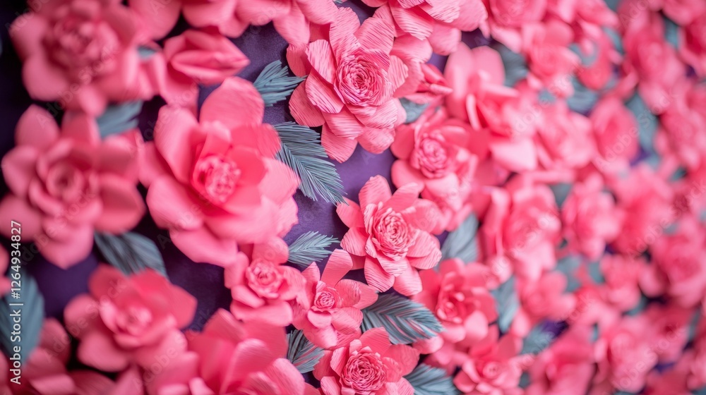 Fototapeta premium Festive Pink Paper Flowers Wall Decor Wedding Party Background