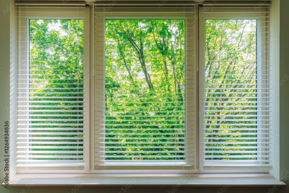 Fototapeta premium Wooden blinds on large windows, sunlight. Elegant living room interior with houseplants, wood blinds. Motorized jalousie in the smart house. Modern window shutters, roller. Duo system day and night.