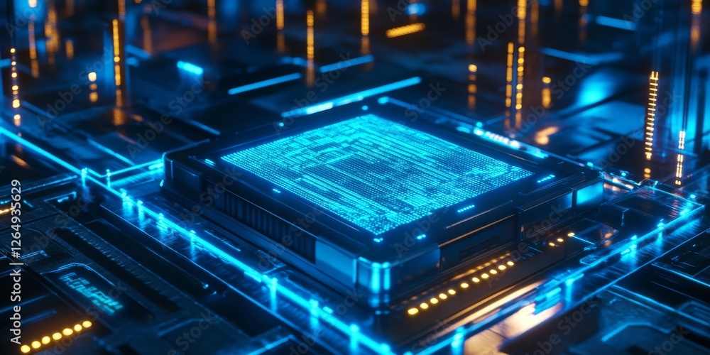 Fototapeta premium Futuristic quantum computing processor sending data through circuit board with neon lights