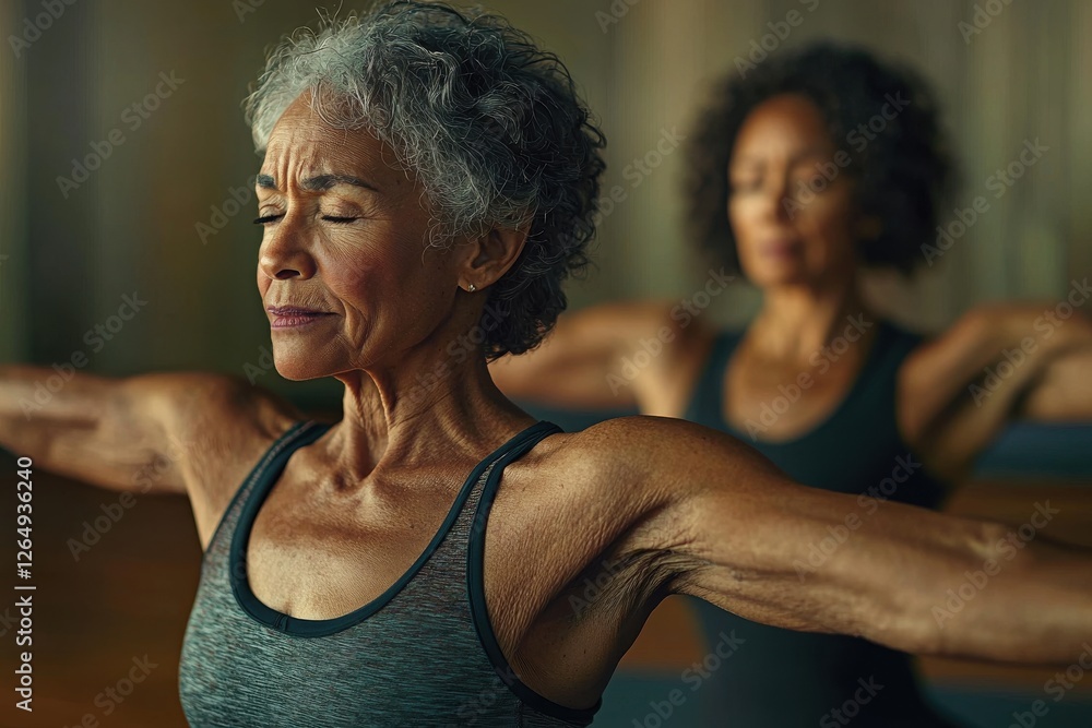 Active senior woman practicing yoga with arms outstretched, focusing on mindfulness and wellness, supported by a friend, promoting healthy aging. Active senior woman practicing yoga with arms outstretched, focusing on mindfulness and wellness, supported by a friend, promoting healthy aging.