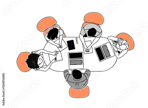 Business people are sitting around a table with laptops. They are discussing, brainstorming, meeting, working together. Scene is collaborative and focused teamwork. Vector illustration top view.