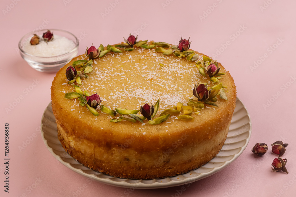 Basbousa is Egyptian Semolina Cake with Cream and Pistachio. Basbousa is Egyptian Semolina Cake with Cream and Pistachio.