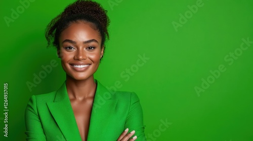 Confident woman in a vibrant green blazer poses with a smile against a bright green backdrop