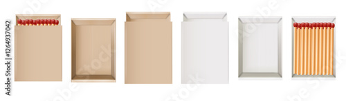 Matchbox, empty package for match sticks in top and perspective view. Realistic mockup of 3d blank box. Stages of burning the match. Symbol of ignition burning. Vector