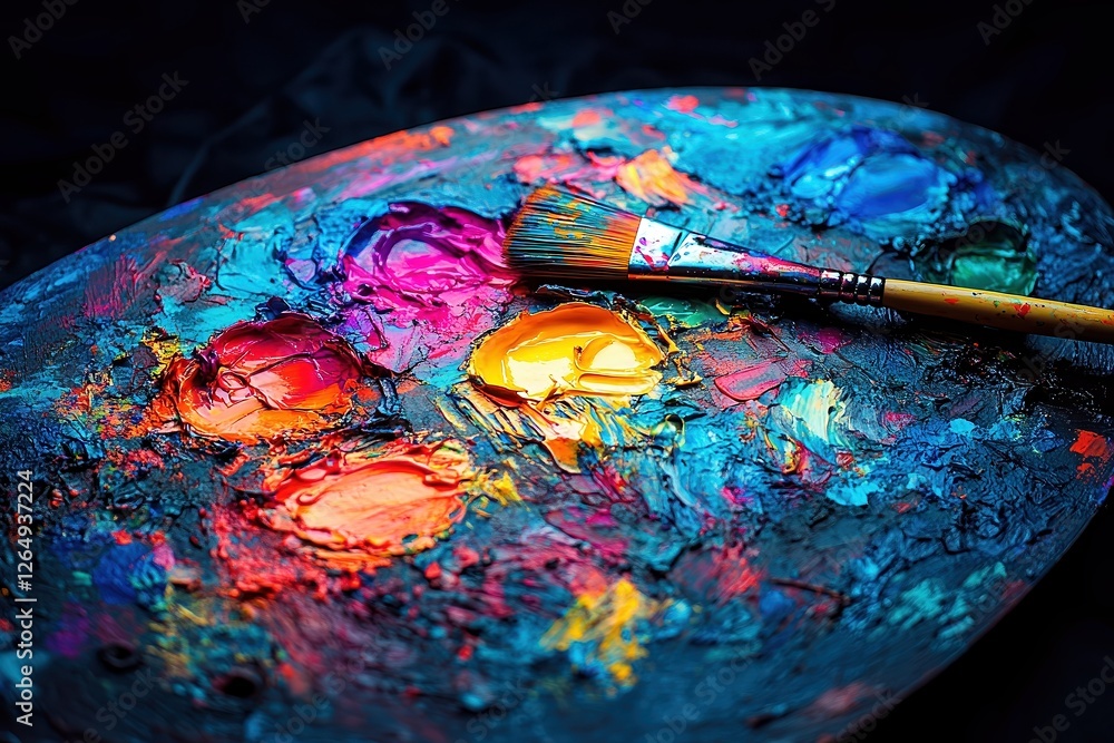 Fototapeta premium Vibrant painter’s palette with colorful mixed paint and brush, textured surface, vivid hues, artistic expression, passion for creativity, close-up view.