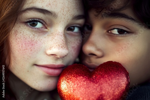 Commercial promotion visual idea. Valentine's day, affectionate couple: breathtaking vivid image of loving interracial high schooler couple. Sign of love and affection. Love couple. Couple art. photo