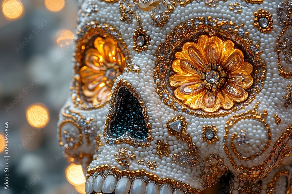 Fototapeta premium Close-up of ornate Día de los Muertos skull, beaded texture, golden flower eyes, traditional Mexican decoration, sparkling lights background, cultural heritage, symbolic art.