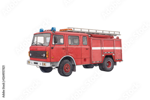 A hand-drawn fire truck with a red boxy body, black tires, blue sirens, white stripe detailing, and an extendable ladder resting neatly on the vehicle’s roof, isolated on a transparent background photo