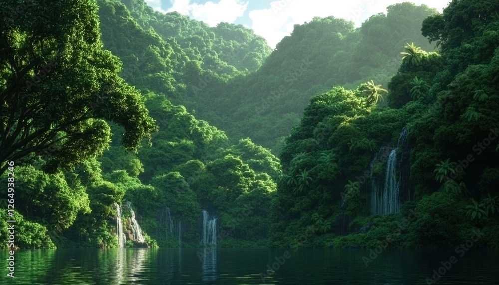 Lush jungle landscape with waterfalls flowing into a tranquil river for travel ads Lush jungle landscape with waterfalls flowing into a tranquil river for travel ads