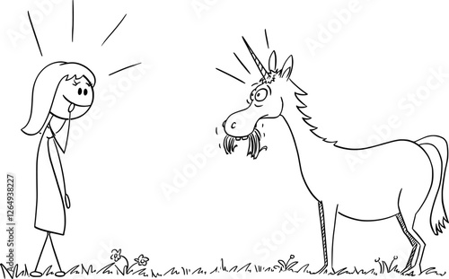 Lady or young woman and unicorn , vector cartoon stick figure or character illustration.