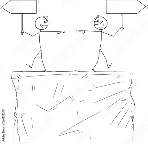 Two people walking wrong directions and laughing each other, vector cartoon stick figure or character illustration.