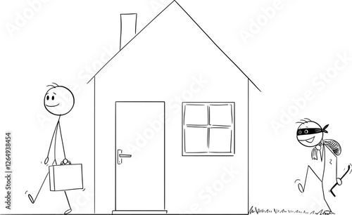 Robber is going to rob a family house , vector cartoon stick figure or character illustration.
