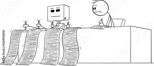 Effective AI or artificial intelligence worker and slow human worker, vector cartoon stick figure or character illustration.