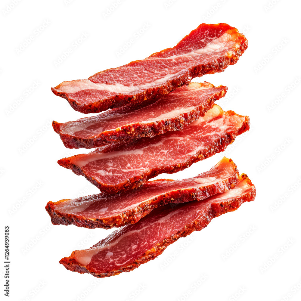 Slices of crispy bacon or Guanciale Italian cured meat coated with black pepper seasoning, isolated on white transparent background Slices of crispy bacon or Guanciale Italian cured meat coated with black pepper seasoning, isolated on white transparent background
