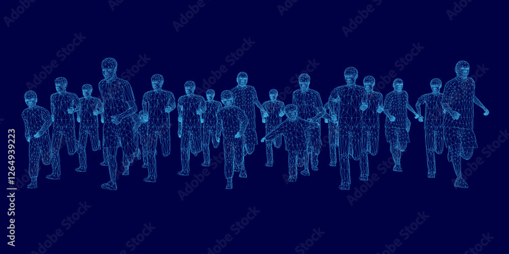 Naklejka premium A group of people running in a line. The image is in blue and is very blurry. Front view
