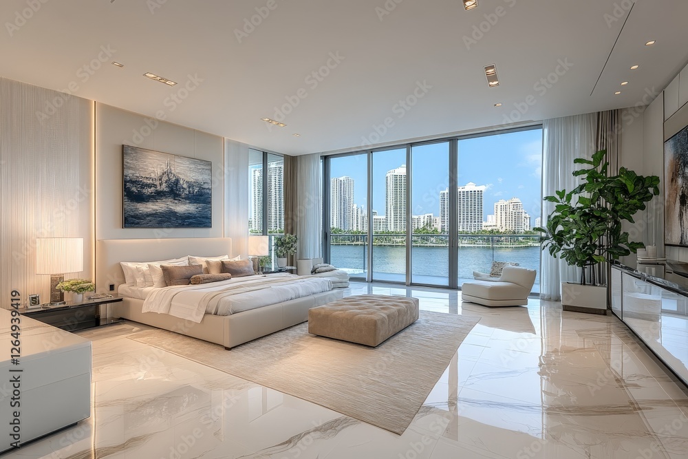 Fototapeta premium Modern waterfront bedroom with large windows overlooking city skyline on a bright sunny day