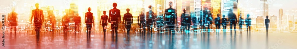 Fototapeta premium Silhouetted Figures Against Urban Skyline with Vibrant Colors and Glowing Lights in a Dynamic City Setting