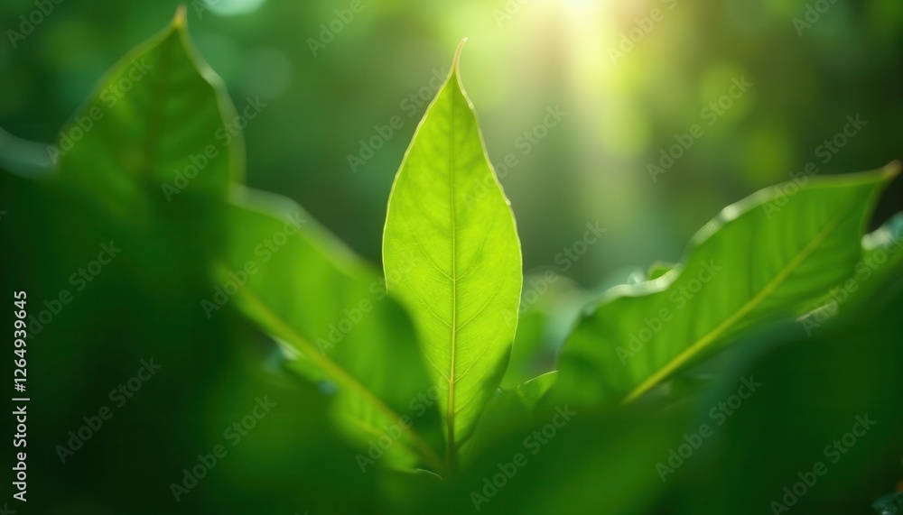Fresh Green Leaf Close Up with Sunbeams Shining Through Foliage Fresh Green Leaf Close Up with Sunbeams Shining Through Foliage