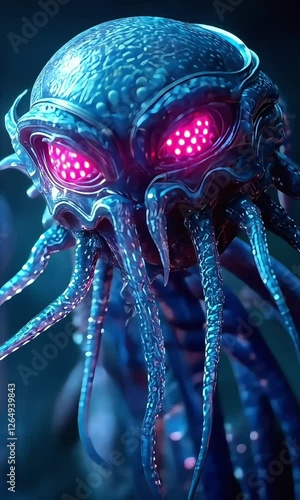 Incredible underwater creature with glowing eyes and tentacles exploring the deep ocean at night