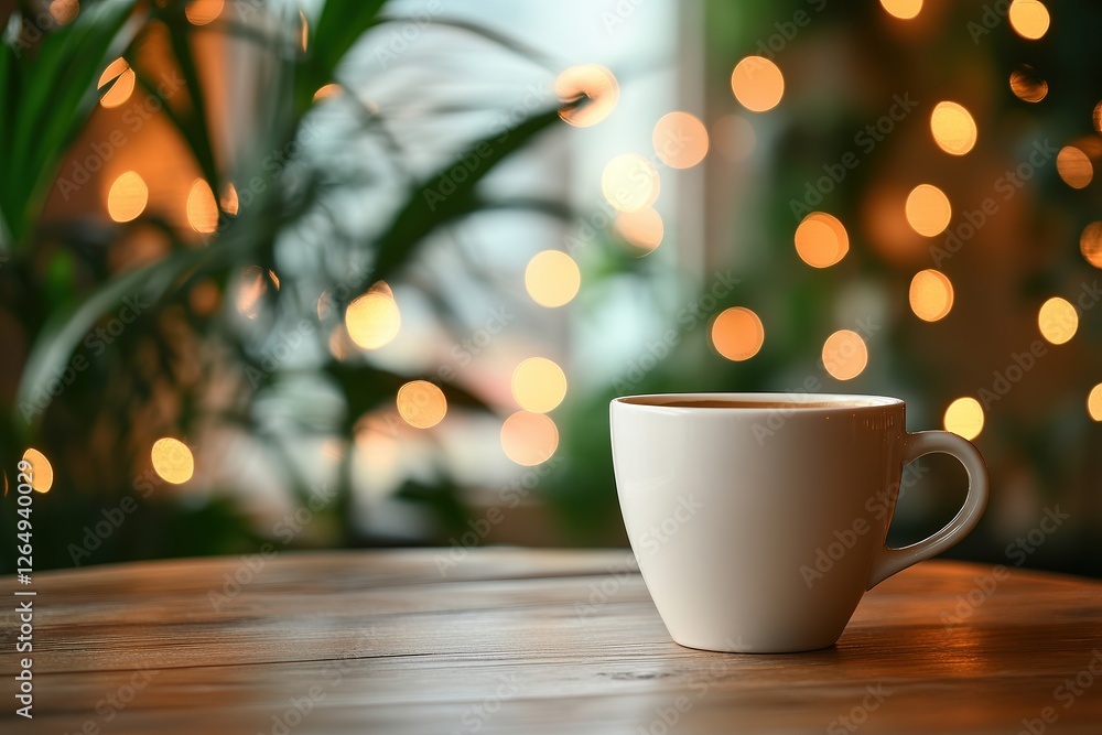 White ceramic coffee cup on rustic wooden table, soft warm bokeh lights, cozy, inviting ambiance, peaceful morning, natural plants in background White ceramic coffee cup on rustic wooden table, soft warm bokeh lights, cozy, inviting ambiance, peaceful morning, natural plants in background
