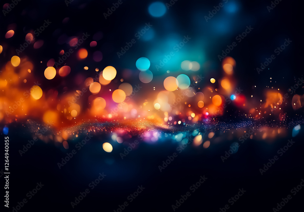 Abstract image of blurred lights with orange, blue, and purple sparkles creates a dreamy and vibrant bokeh effect against a dark backdrop. Abstract image of blurred lights with orange, blue, and purple sparkles creates a dreamy and vibrant bokeh effect against a dark backdrop.