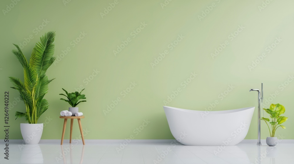 Fototapeta premium Serene Green Bathroom Modern Tub Plants Relaxation