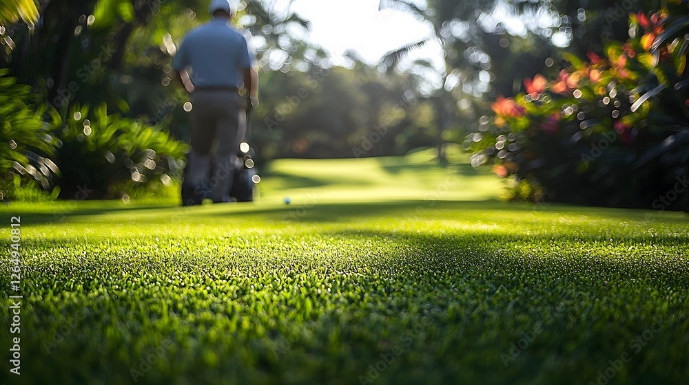 Fototapeta premium Golf Course Manager Tending to Lush Green Lawn with Blurred Foliage Background
