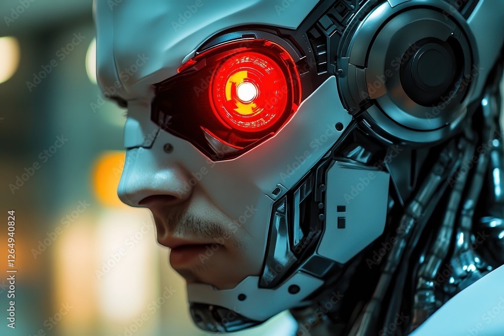 Futuristic cybernetic soldier with reinforced titanium facial plating and embedded tactical enhancements. High-tech armor and cybernetic implants suggest advanced combat readiness. Futuristic cybernetic soldier with reinforced titanium facial plating and embedded tactical enhancements. High-tech armor and cybernetic implants suggest advanced combat readiness.