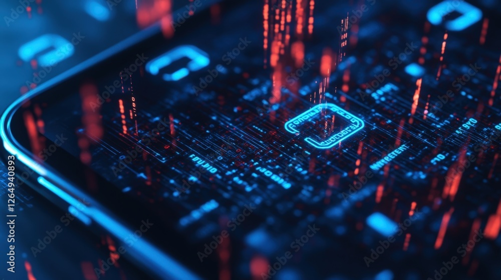 The image features a smartphone with a dark luminescent display on which floating encryption keys and complex code symbols revolve gently illustrating a futuristic approach to data The image features a smartphone with a dark luminescent display on which floating encryption keys and complex code symbols revolve gently illustrating a futuristic approach to data