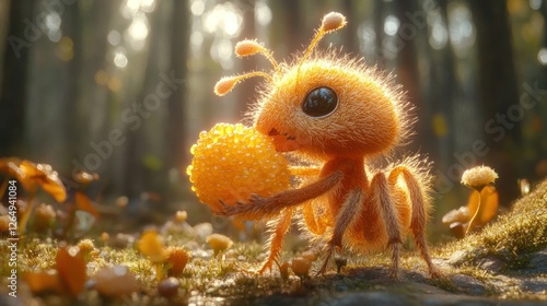 Cute ant carrying pollen, forest, sunrise, digital art, children's book photo