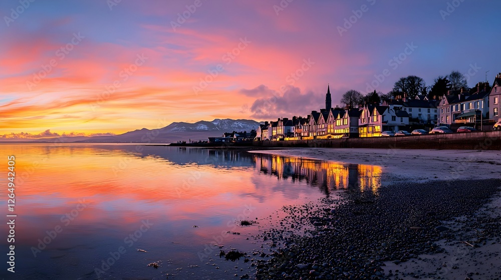Fototapeta premium Tranquil Coastal Town at Sunset With Vibrant Reflections in Water