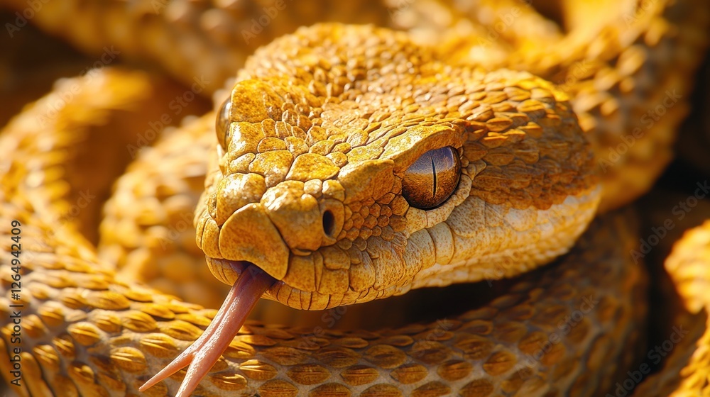 Obraz premium Desert golden snake, sunlit, coiled, tongue out, background blur