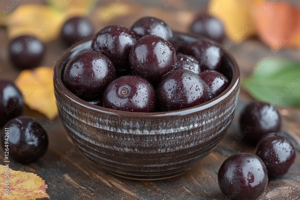 Freshly harvested dark grapes in a rustic bowl surrounded by autumn leaves on a wooden table Freshly harvested dark grapes in a rustic bowl surrounded by autumn leaves on a wooden table
