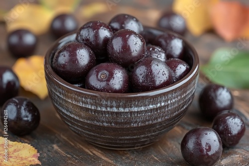 Wallpaper Mural Freshly harvested dark grapes in a rustic bowl surrounded by autumn leaves on a wooden table Torontodigital.ca