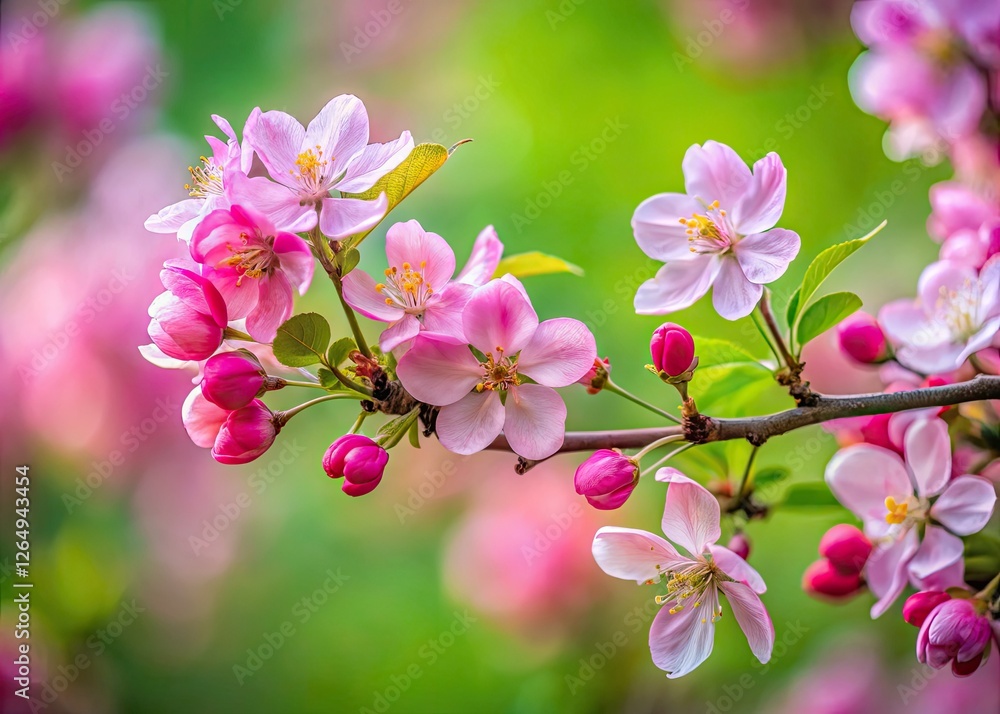 Obraz premium A spring apple branch, bursting with pink blossoms, artfully composed using the rule of thirds.