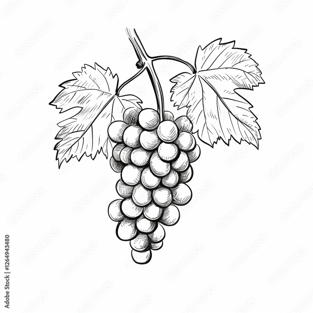Obraz premium The bunch of grapes with two grape leaves, grape, front view, an icon, a simple black and white sketch on a white background, a picture, an image for printing on a T-shirt, without people
