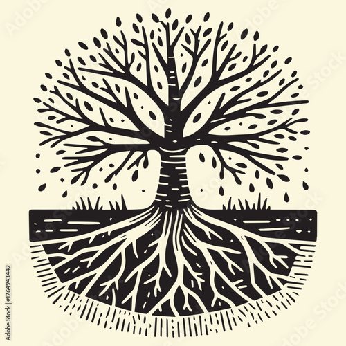 simple Hand drawn tree with roots flat vector illustration linocut