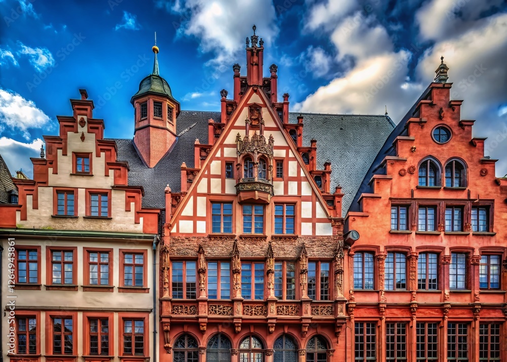 Obraz premium Historic Frankfurt Building Close-up: Red Trim & Black Slate Roof - Architectural Detail